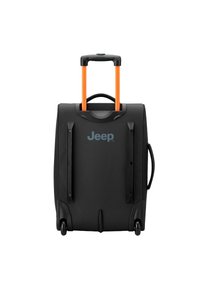 Sac de voyage noir avec poignée rétractable orange, surface texturée, roues doubles et poignées latérales. Présente le logo Jeep en bleu.