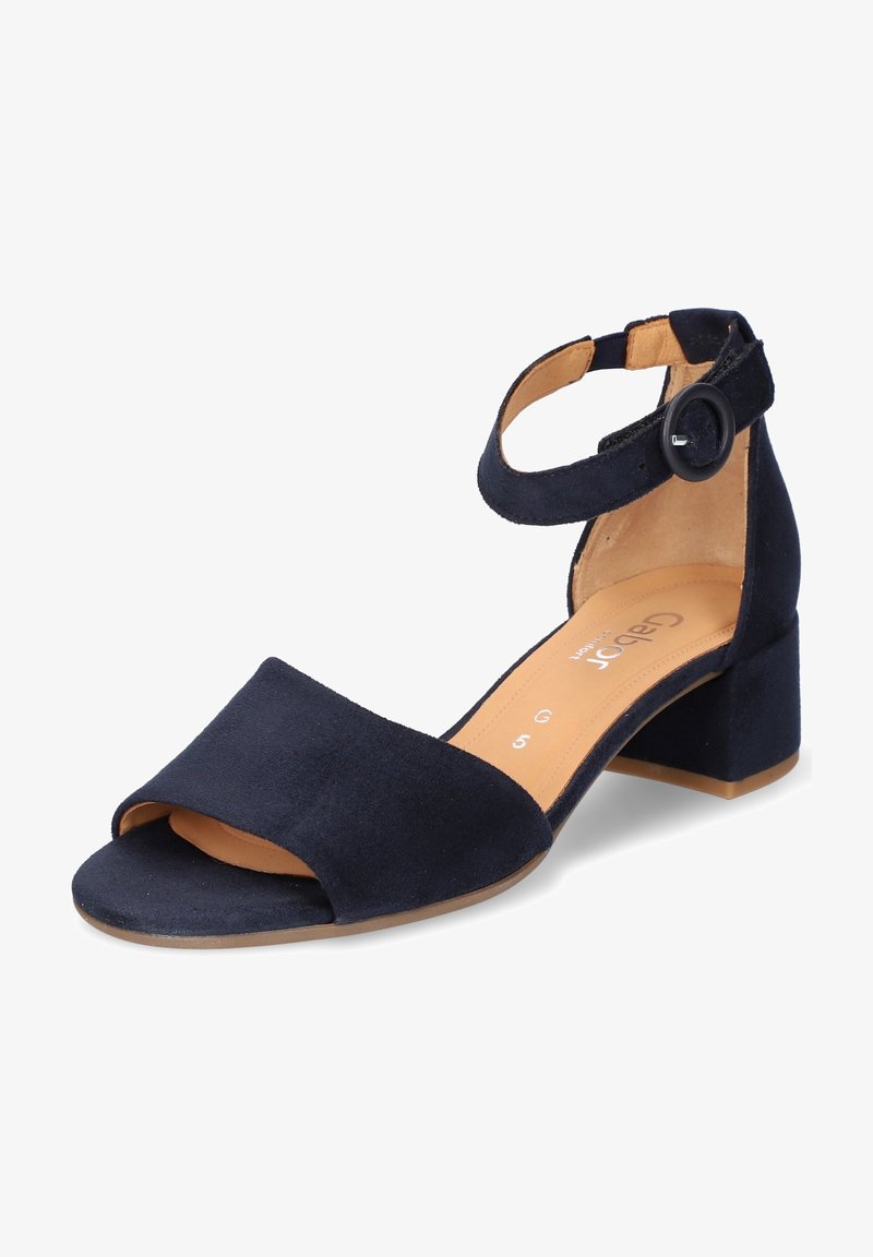 Sandale pour femme en daim bleu marine à bout ouvert, talon bloc et bride à la cheville avec une boucle ronde noire.