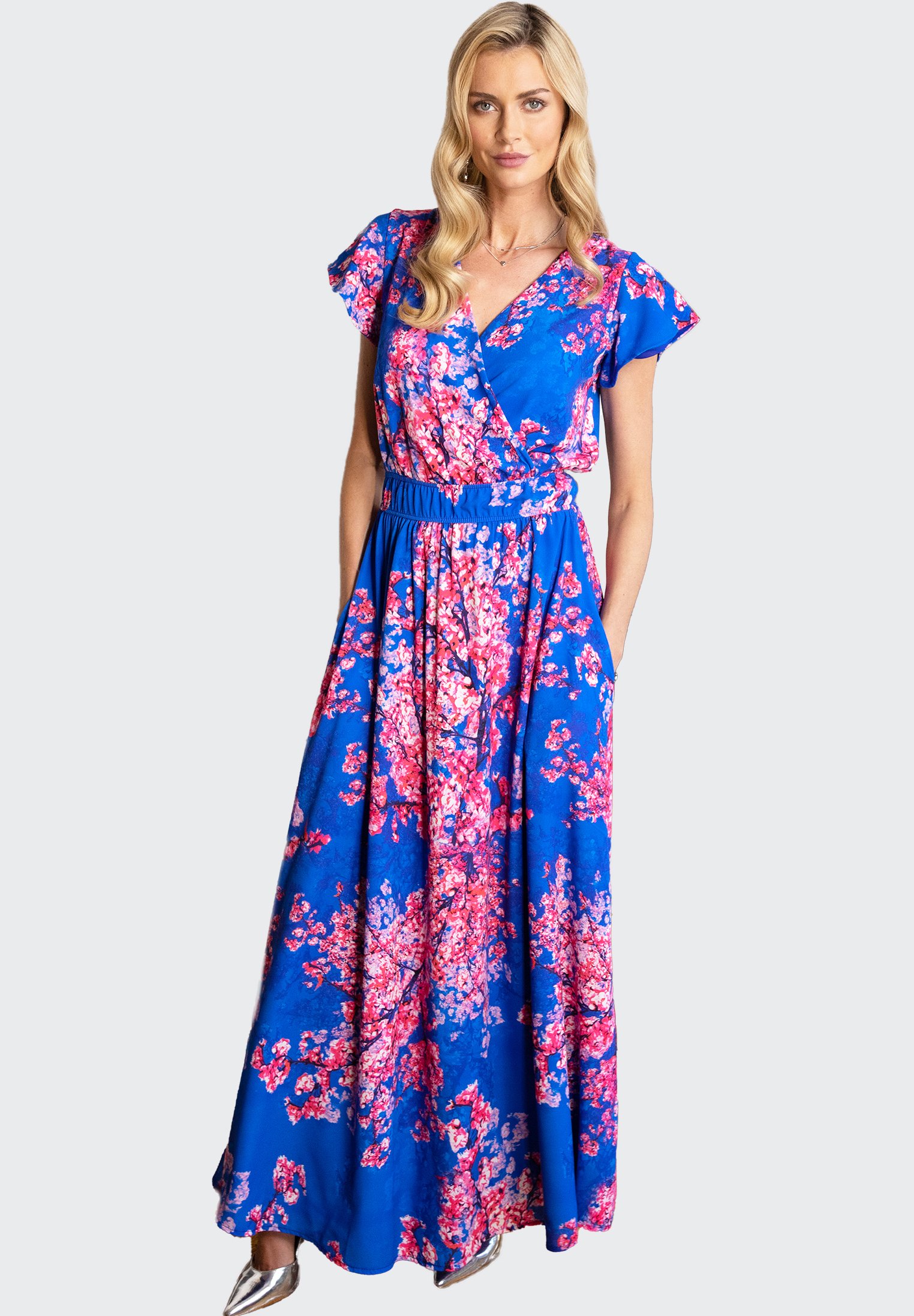 blue dress and fascinator Printed Floral Crepe de Chine Tiered Maxi Dress main image 1