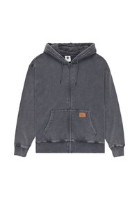 Zip-up hoodie i mørkegrå, lavet af blødt stof. Har en stor frontlomme, snor i hætten og et lille læderlogo-patch på lommen.
