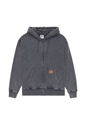 Dunkelgraue Zip-Hoodie aus weichem Stoff. Verfügt über eine große Fronttasche, eine Kapuze mit Kordelzug und ein kleines Leder-Logo-Patch auf der Tasche.