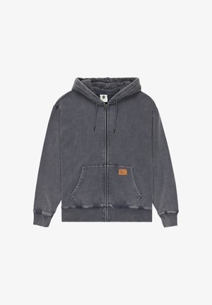 Zip-up hoodie in dark gray, made of soft fabric. Features a large front pocket, drawstring hood, and small leather logo patch on pocket.