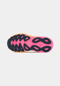 Shoe sole with a multi-color design, featuring a navy base, pink midsection, and orange accents. Textured rubber with oval cutouts.