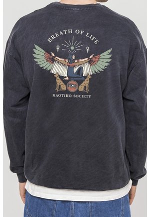 Sudadera de algodón en gris oscuro con un gráfico ilustrativo en la parte posterior. Presenta alas, símbolos ankh y el texto "ALIENTO DE VIDA". Ajuste casual.