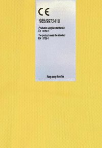 Gul tygbakgrund med en vit etikett som visar CE-märkning, produktinformation och texten "Håll borta från eld" i svart.