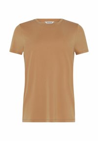 Smeđi kratki rukav T-shirt napravljen od glatkog, laganog materijala; ima klasični okrugli izrez i jednostavan dizajn.