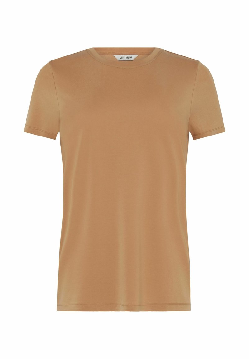 Smeđi kratki rukav T-shirt napravljen od glatkog, laganog materijala; ima klasični okrugli izrez i jednostavan dizajn.
