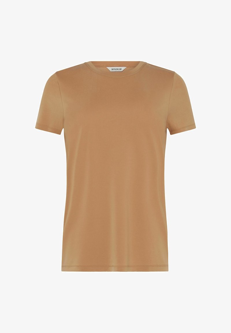 Smeđi kratki rukav T-shirt napravljen od glatkog, laganog materijala; ima klasični okrugli izrez i jednostavan dizajn.
