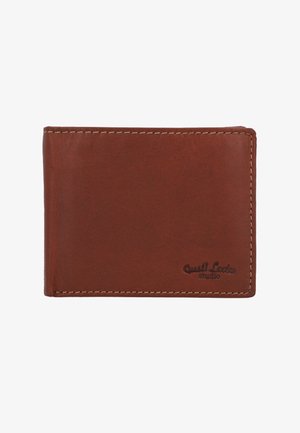 Brun læderpung med en glat overflade, tan syninger og prægede logo detaljer. Bi-fold design, kompakt og rektangulær form.