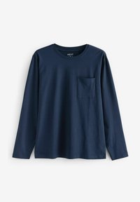Donkerblauwe lange mouwen t-shirt van katoen, met een ronde hals en een borstzak aan de linkerkant. Glad textuur, ontspannen pasvorm.