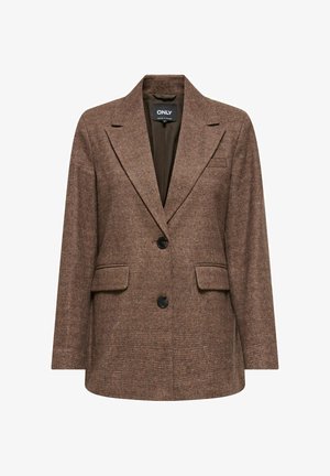 Blazer a quadri marroni con rever a punta, due tasche frontali e chiusura a un bottone. Tessuto testurizzato con una vestibilità strutturata.