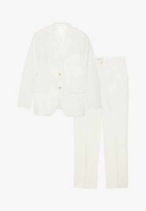 White suit featuring a single-breasted blazer with two buttons, notch lapels, and flat-front trousers; smooth fabric with a light texture.