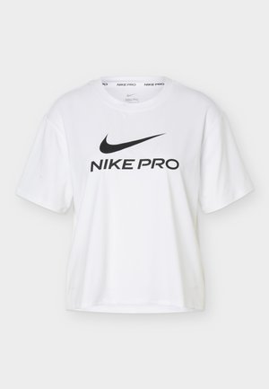 T-shirt Nike Pro bianca con logo Nike swoosh nero e scritta "NIKE PRO" centrata davanti, maniche corte e scollo rotondo.