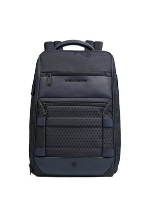 Black textured backpack with two zipped front pockets, top handle, padded shoulder straps, and geometric pattern design.