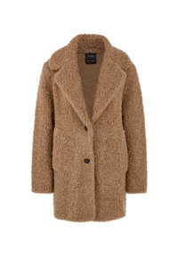 Brauner flauschiger Mantel mit einem notch-Kragen, zwei vorderen Taschen und einem einzigen Knopfverschluss. Besteht aus einem weichen, strukturierten Material.