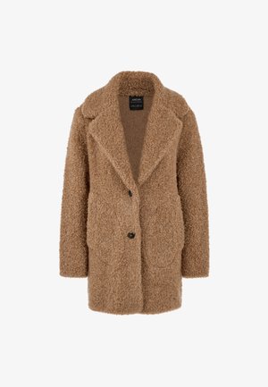 Brown fluffy coat with a notched collar, two front pockets, and a single button closure. Features a soft, textured material.