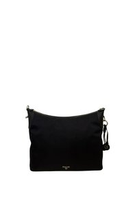 Borsa a spalla in tessuto nero con dettagli in pelle liscia, chiusura con zip e dettaglio con frangia. Presenta una stampa del logo sul davanti.