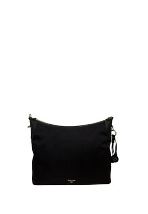 Borsa a spalla in tessuto nero con dettagli in pelle liscia, chiusura con zip e dettaglio con frangia. Presenta una stampa del logo sul davanti.