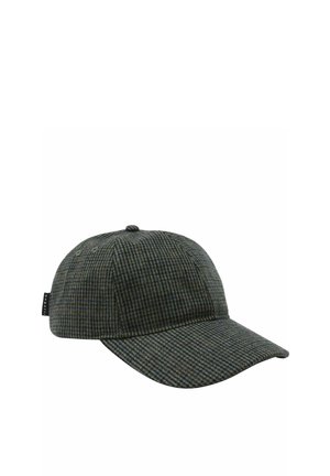 Baseball cap with a dark green and black houndstooth pattern and a fabric tag on the side against a white background.