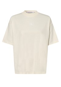 Krátký rukáv krémové tričko vyrobené z bavlny, se žebrovaným kulatým výstřihem a malým vyšitým logem "ck" na hrudi.