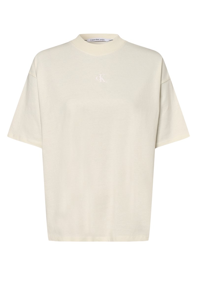 Krátký rukáv krémové tričko vyrobené z bavlny, se žebrovaným kulatým výstřihem a malým vyšitým logem "ck" na hrudi.