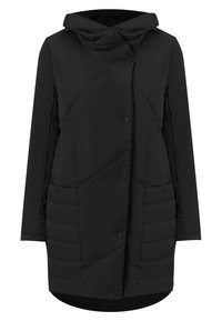 Černý dlouhý zateplený kabát s kapucí, předními druky, dvěma velkými bočními kapsami a asymetrickým prošíváním na přední straně.