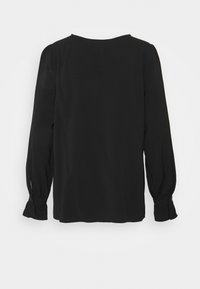 Zwarte lange mouw top met een ronde hals, geplooide schouders en elastische manchet. Glad materiaal met een losse pasvorm en minimale details.