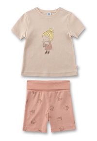 Beige Baumwoll-T-Shirt mit einem Druck eines Cartoon-Charakters, kombiniert mit pinken Shorts mit einem Bienenmuster. Weiches, leichtes Material mit einem lässigen Schnitt.