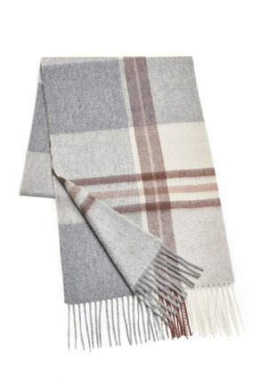 Wool plaid scarf featuring shades of grey, cream, and brown, with fringed ends. Soft texture and classic checked pattern.
