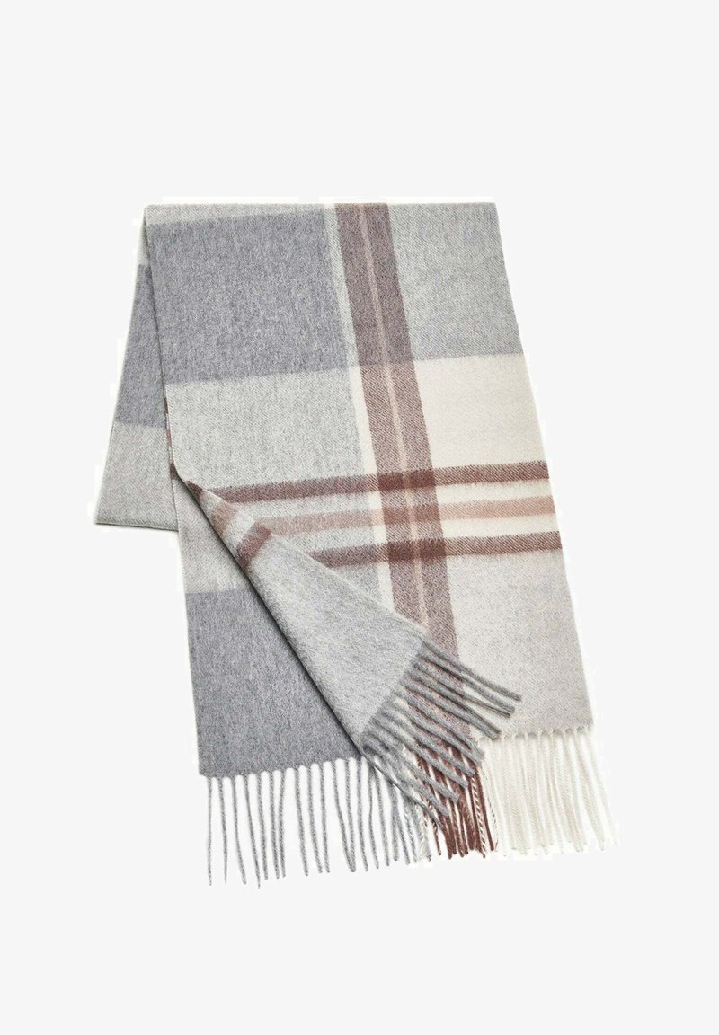 Wollschal im Karomuster mit Grautönen, Creme und Braun, mit fransigen Enden. Weiche Textur und klassisches Karomuster.