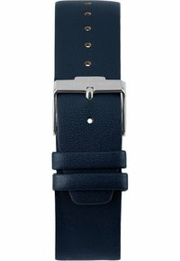 Marineblauer Lederuhrband mit strukturierter Oberfläche, silberner Metallschnalle und mehreren Einstellungslöchern zur Größenanpassung.