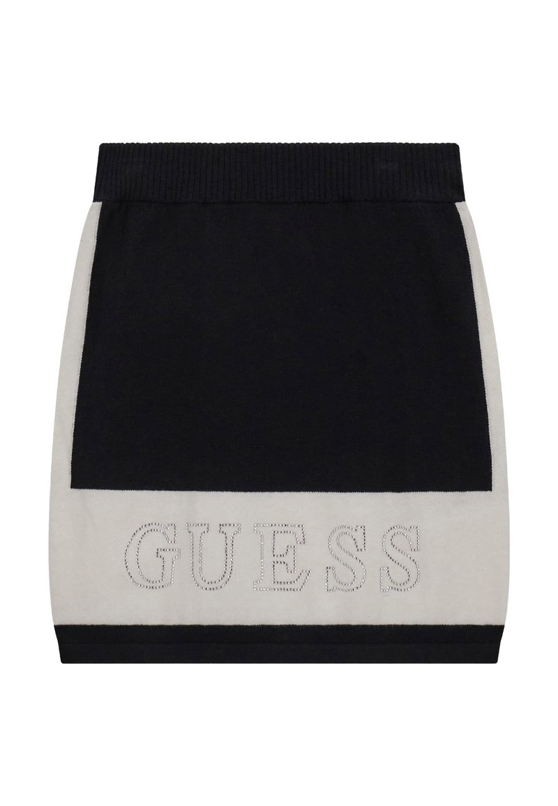 Stickad minikjol i svart och kräm med en ribbad midja. Har "GUESS"-logotypen i kontrasttråd på den krämfärgade panelen. Slät textur.