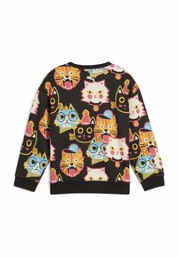 Sudadera negra con un patrón de caras de gato colorido en rosa, azul y amarillo. Mangas con puños y cuello de canalé. Logo de "PUMA" visible.