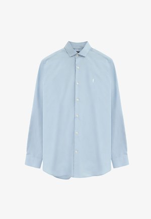 Camicia a maniche lunghe azzurro chiaro con bottoni, colletto a punta e piccolo ricamo bianco a figura sul lato sinistro del petto.