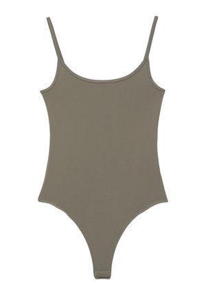 Body en une pièce de couleur olive unie avec fines bretelles et découpe haute au niveau des jambes.