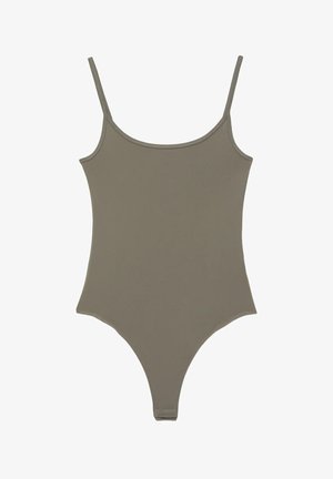Body intero monocolore verde oliva solido con sottili spalline e design a gamba alta.