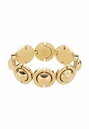 Armband aus goldfarbenem Metall mit ineinander verbundenen kreisförmigen und ovalen Segmenten, graviert mit dem "Furla"-Logo, polierte glatte Oberfläche.