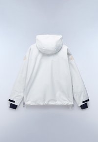 White hooded jacket with adjustable hem and navy inner cuffs, shown from the back on a plain light background.