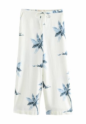 Lätta vita linne-shorts med blå palmtryck, elastisk midja och dragsko. Har sidofickor och en avslappnad passform.