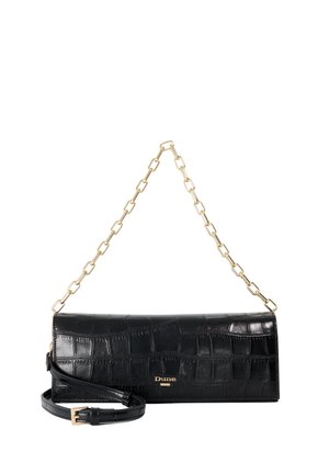 Schwarze rechteckige Handtasche mit Krokodilstruktur, goldener Kettenriemen, abnehmbarem schwarzen Lederriemen und kleinem goldenen "Dune"-Logo vorne.