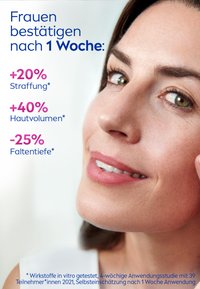 Close-up of a face with smooth, light brown skin, natural makeup, and a subtle smile; text highlights skin improvement percentages.