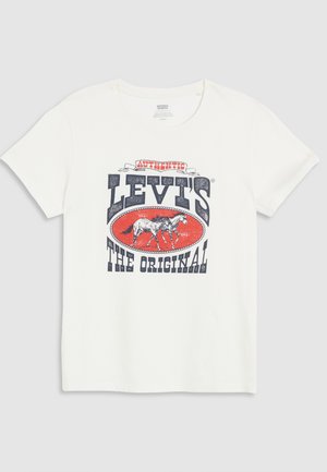 T-shirt en coton blanc avec un grand imprimé graphique rouge et marine représentant un cheval et le texte « LEVI'S THE ORIGINAL » en lettres grasses.