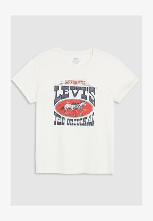 Weißes Baumwoll-T-Shirt mit einem großen roten und marineblauen Grafikdruck, der ein Pferd und den Text "LEVI'S THE ORIGINAL" in fetten Buchstaben zeigt.