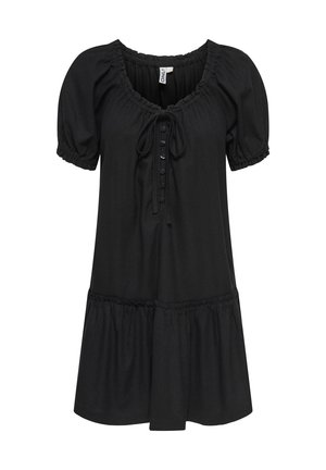 Black short-sleeve dress with gathered puff sleeves, ruched neckline with tie, front button placket, and tiered skirt.