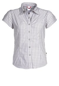 Vaaleanharmaa lyhythihainen nappipaita ruutukuvioilla. Siinä on kaulus, yksi rintatasku ja viisi nappia edessä.