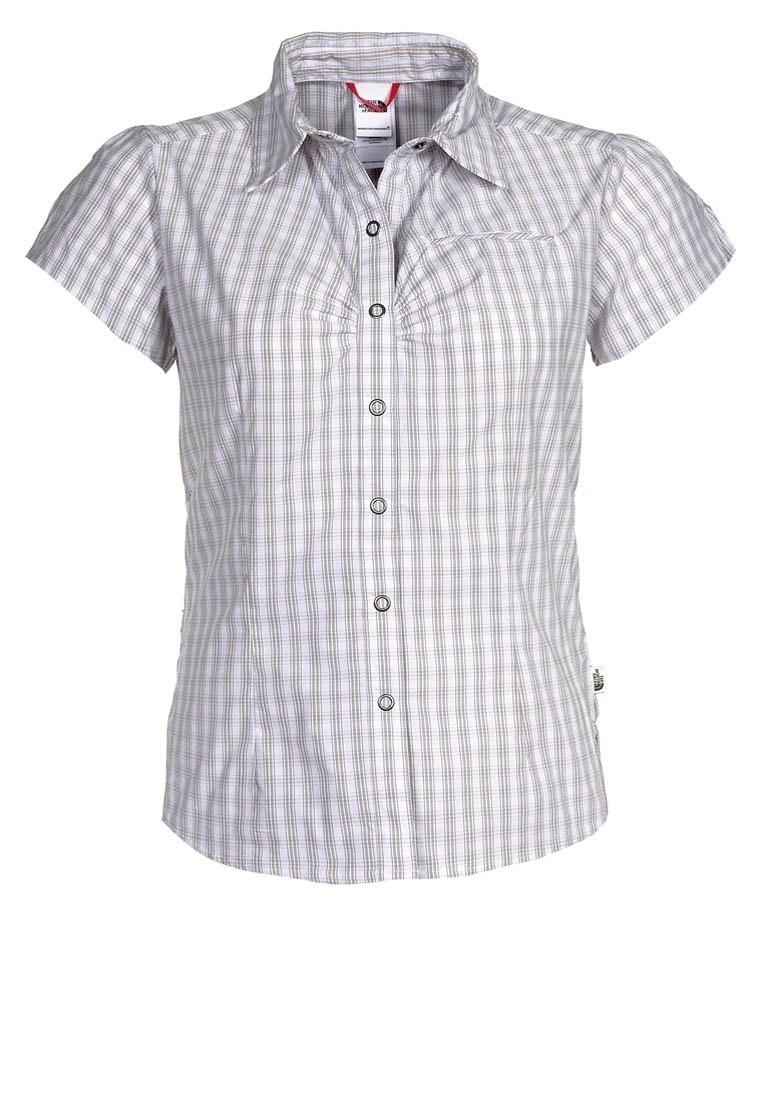 Vaaleanharmaa lyhythihainen nappipaita ruutukuvioilla. Siinä on kaulus, yksi rintatasku ja viisi nappia edessä.