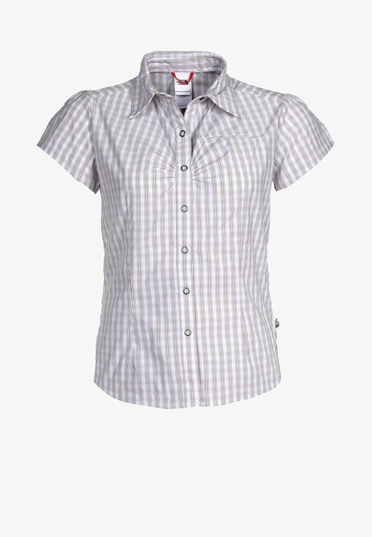 Vaaleanharmaa lyhythihainen nappipaita ruutukuvioilla. Siinä on kaulus, yksi rintatasku ja viisi nappia edessä.