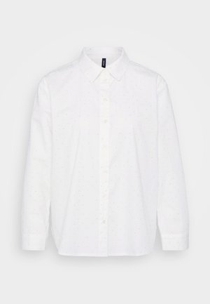 Witte overhemd met knoopsluiting met een stippenpatroon in de kleuren blauw, roze en groen. Klassieke kraag, lange mouwen en een rechte zoom.
