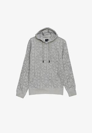 Felpa grigia con motivo, dotata di tasca a marsupio, cappuccio regolabile con cordino e polsini e orlo a costine. Tessuto morbido con un intricato design floreale.