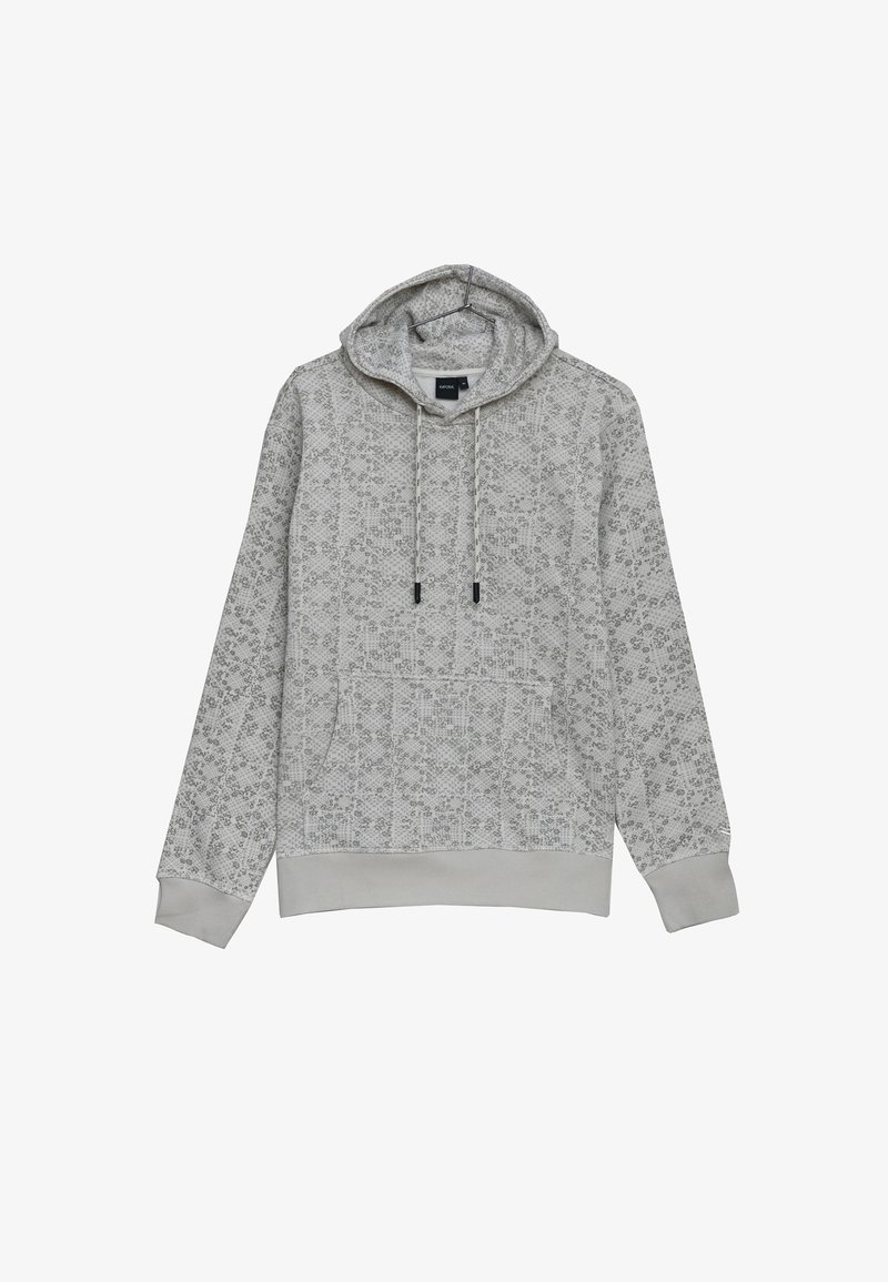 Hoodie gris à motifs avec une poche kangourou, capuche avec cordon de serrage ajustable et bords côtelés. Tissu doux avec un motif floral élaboré.